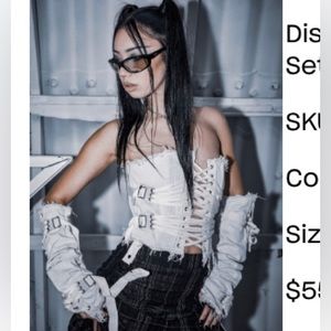 Dolls Kill - Darker Wavs - Distortion Lace Up Corset and Gloves Set - Off White